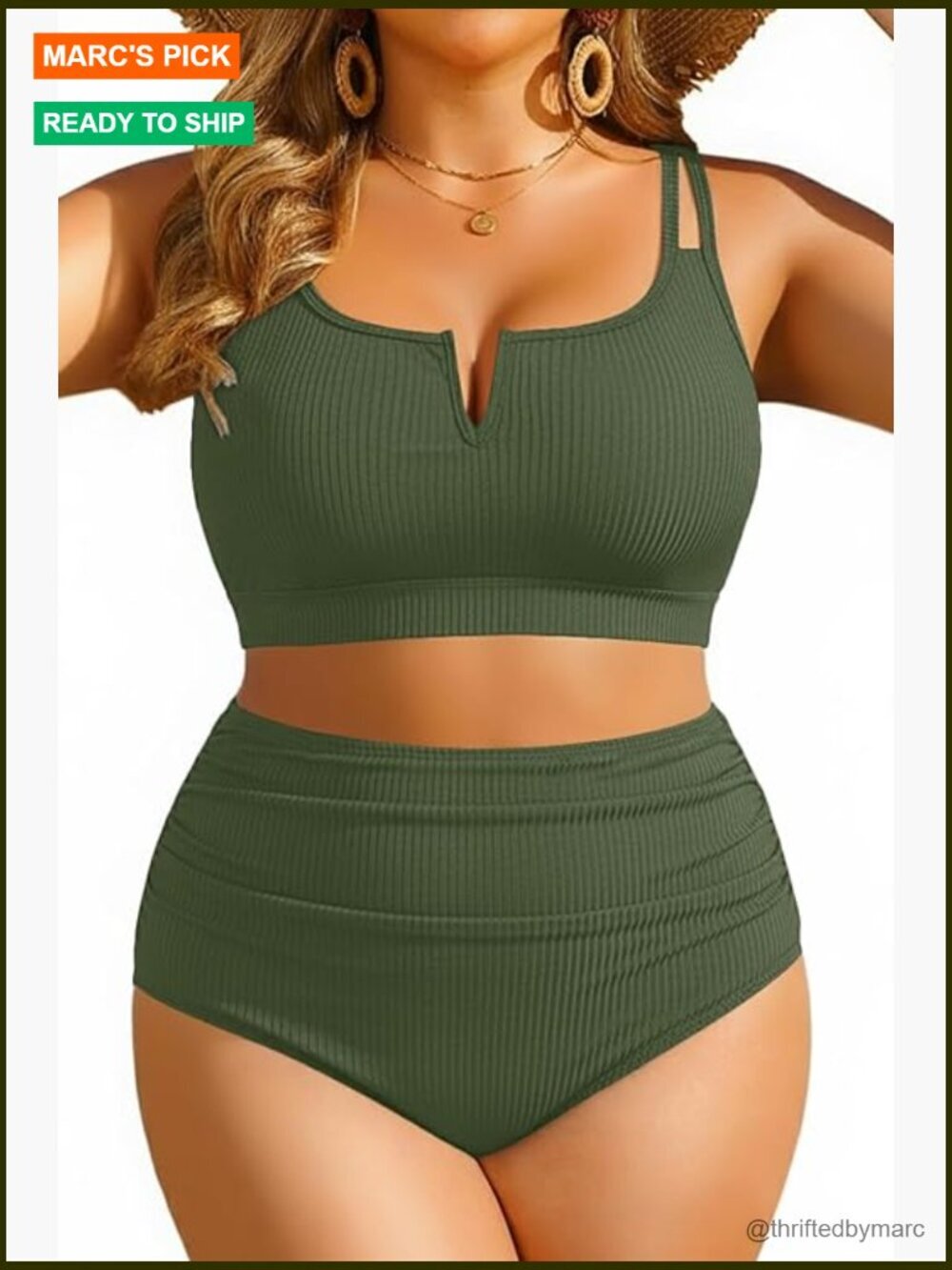 Plus Size High Waisted Bikini Set - Ribbed Two Piece Tummy Control Swimwear